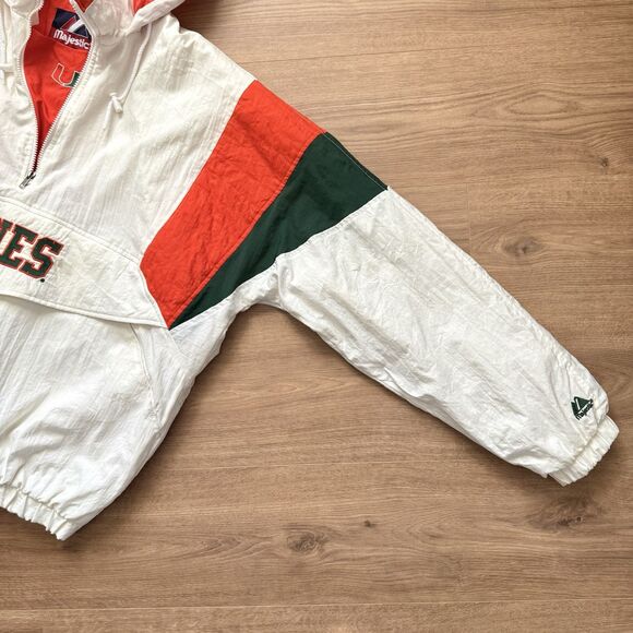 Vintage 90s Miami Hurricanes Majestic White Size XL Qtr Zip Hooded Puffer Jacket - Picture 6 of 9